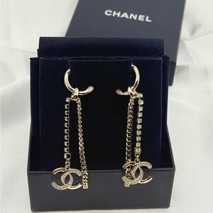 Chanel Gold CC Crystal Chain Dangle Earrings